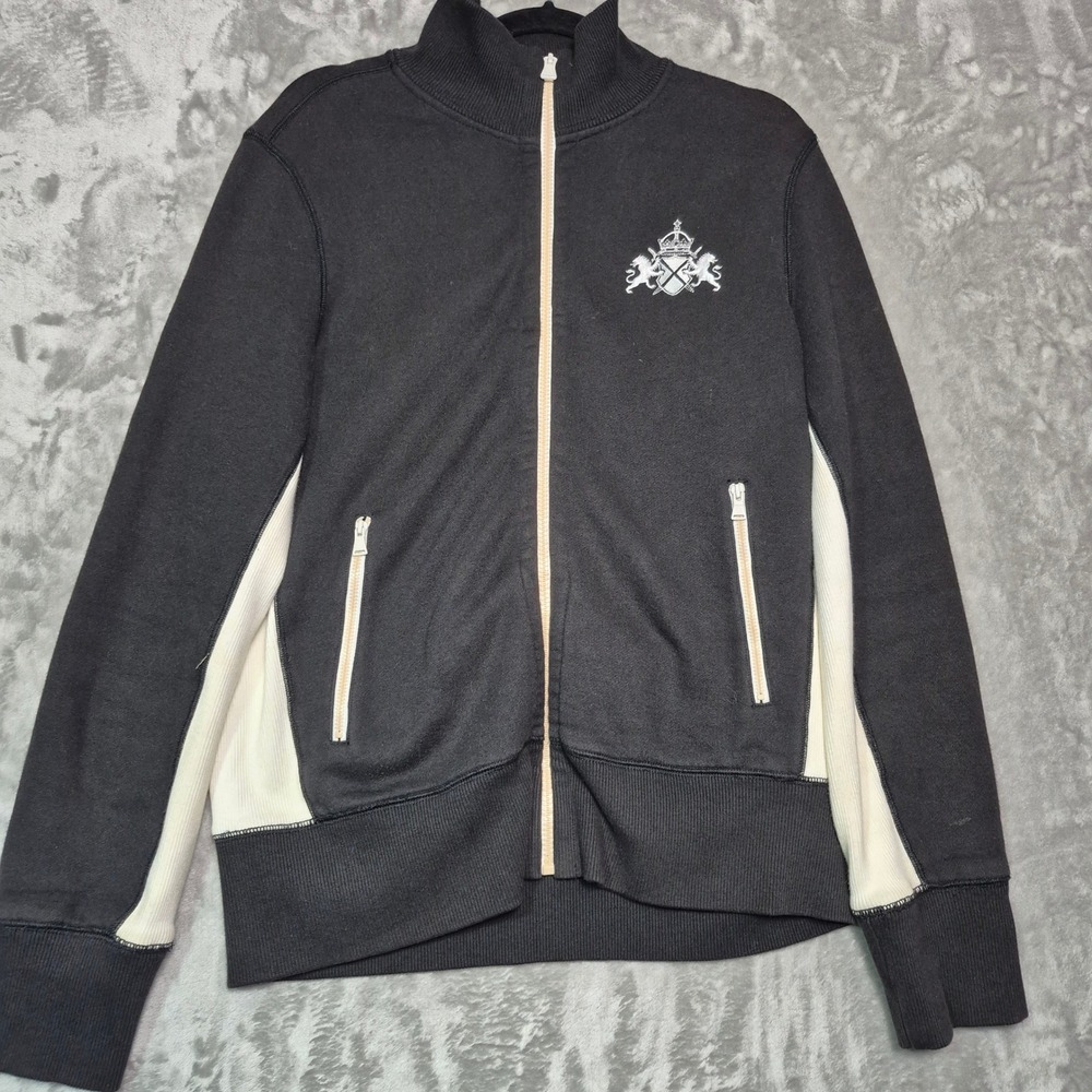 Express Mens Track Jacket Black Cream Full Zip Crest Logo Fleece Medium RN55285